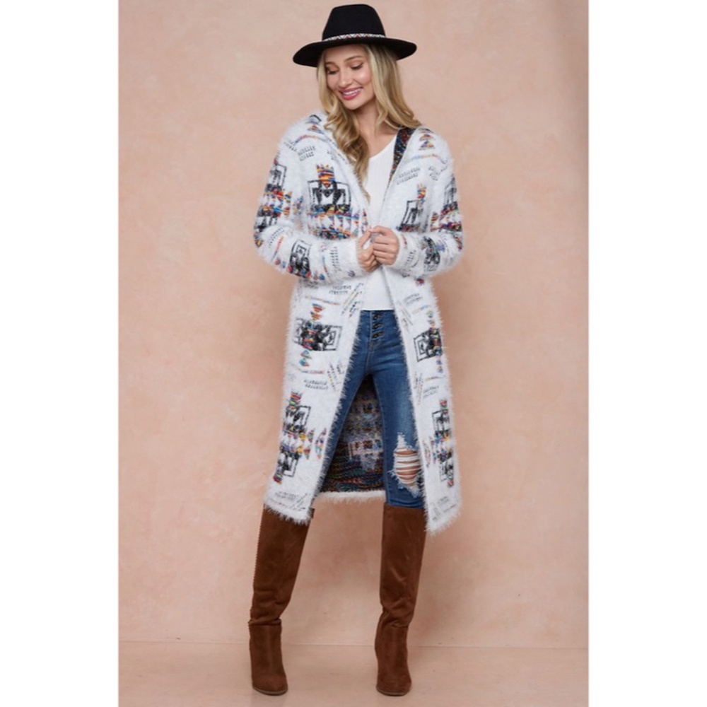 Aztec Rainbow Boho Cowichan Jacquard Eyelash Fuzzy Cardigan Knit Sweater - Picture 1 of 6